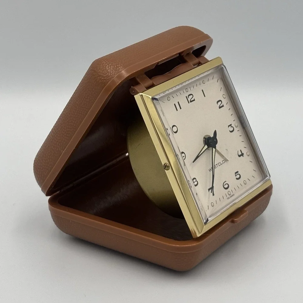 Vintage Westclox Compact Windup Travel‎ Alarm Clock Tan Folding Case Works Great